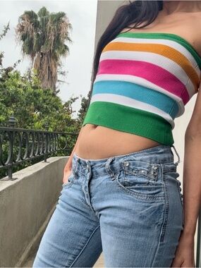 Y2K Striped Ribbed Tube Top Colorful Retro Knit Strapless Top Festival Spring